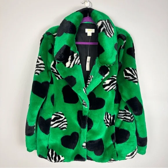 Maeve by Anthropologie Faux Fur Coat Green Black Multi Hearts Sz Medium NWT - Picture 13 of 16